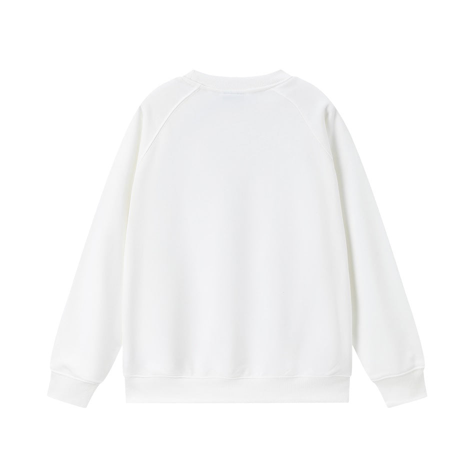 Back view of a plain white crew-neck sweatshirt with raglan sleeves and ribbed cuffs and hem
