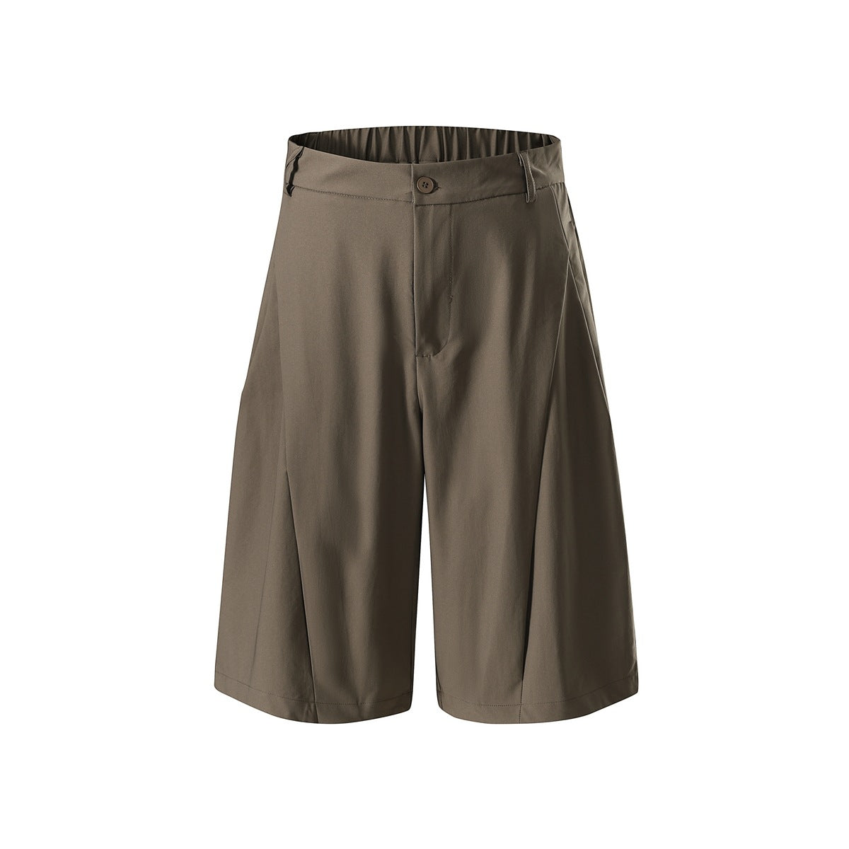 Brown knee-length wide-leg shorts, front view, with elastic waistband, belt loops and button closure