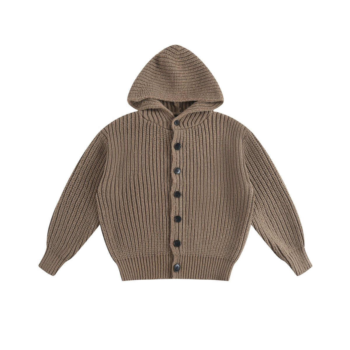 Brown chunky rib-knit hooded cardigan with dark front buttons, flat lay front view