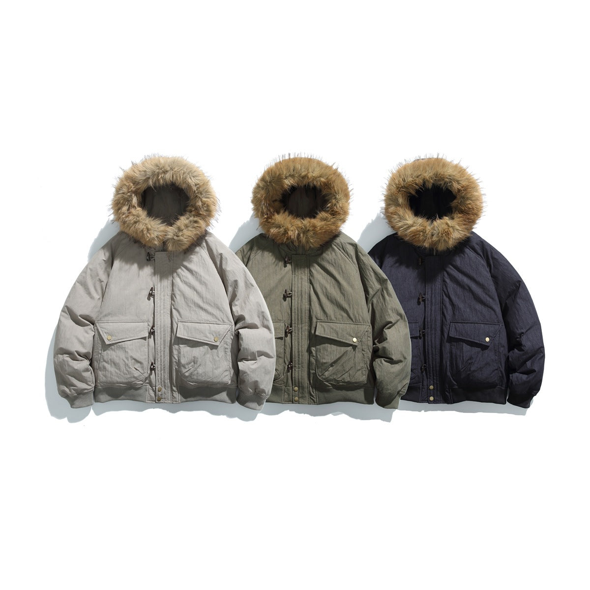 Three front-view hooded jackets with tan fur trim in light gray, olive, and navy.