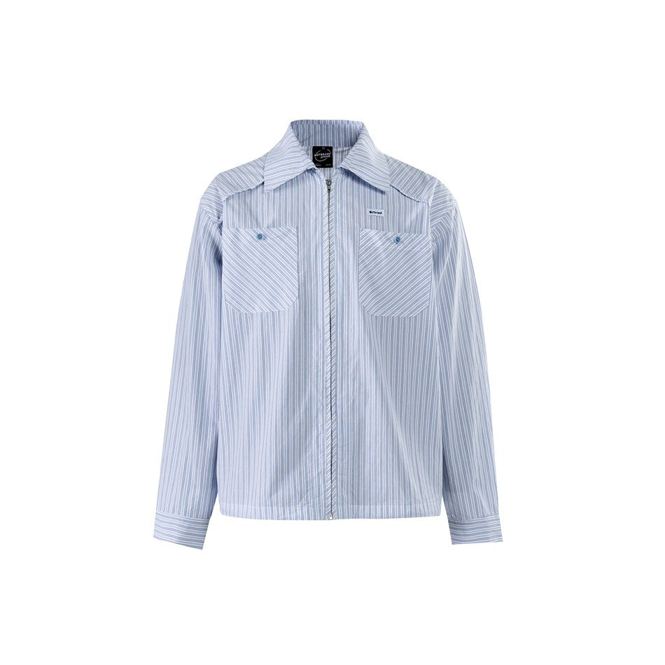 Blue and white striped zip-front long-sleeve shirt with two chest pockets, flat front view on white background