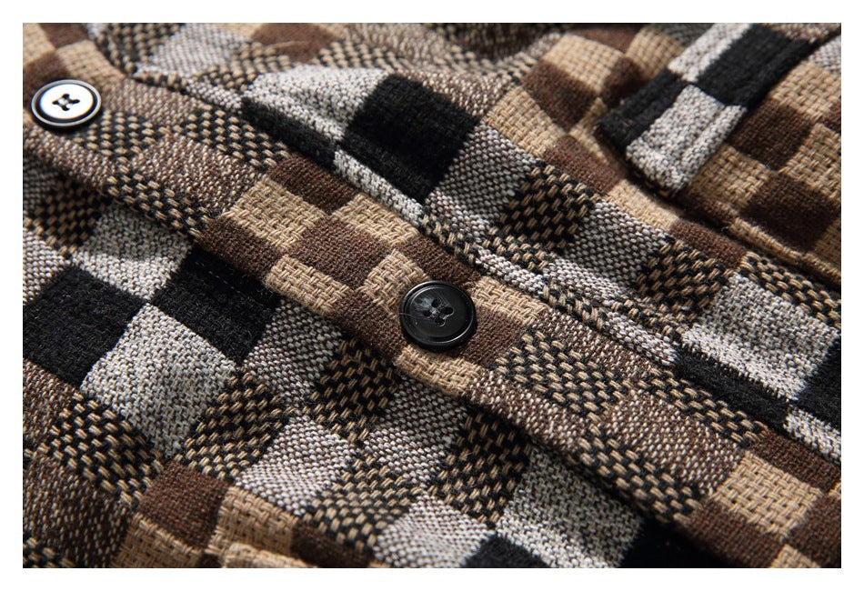 Close-up of the shirt's brown, tan, gray, and black check pattern and dark buttons.