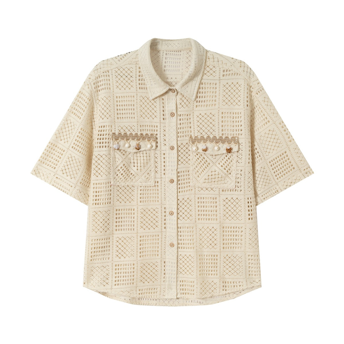 Beige open-work square-grid short-sleeve shirt with collar, button front and two embellished chest pockets, front view