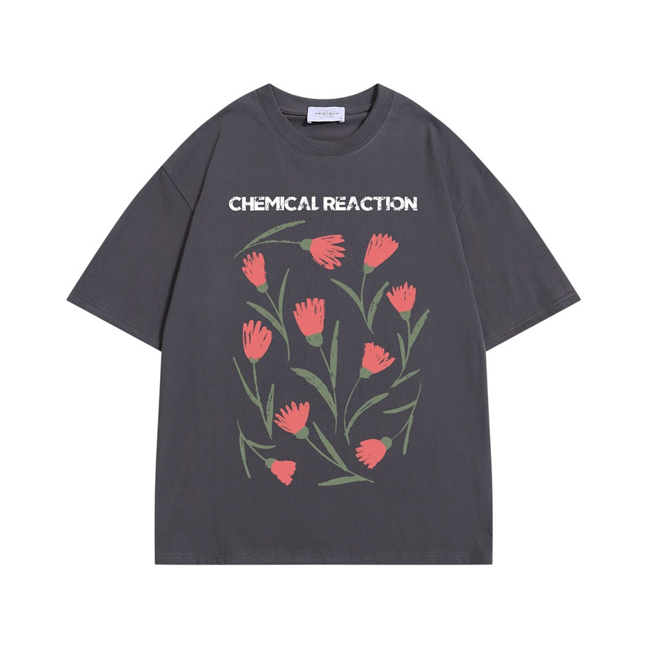 Dark gray short-sleeve crew-neck T-shirt with pink tulip print and CHEMICAL REACTION lettering, front view