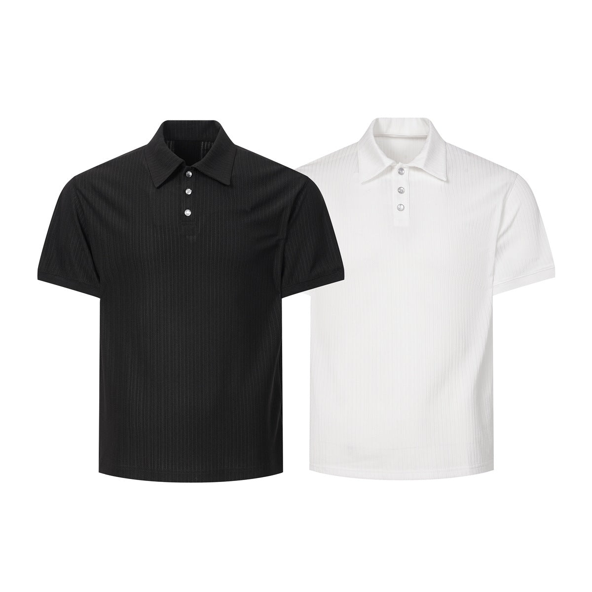 Black and white short-sleeve polo shirts shown from the front, each with a pointed collar and three-button placket.