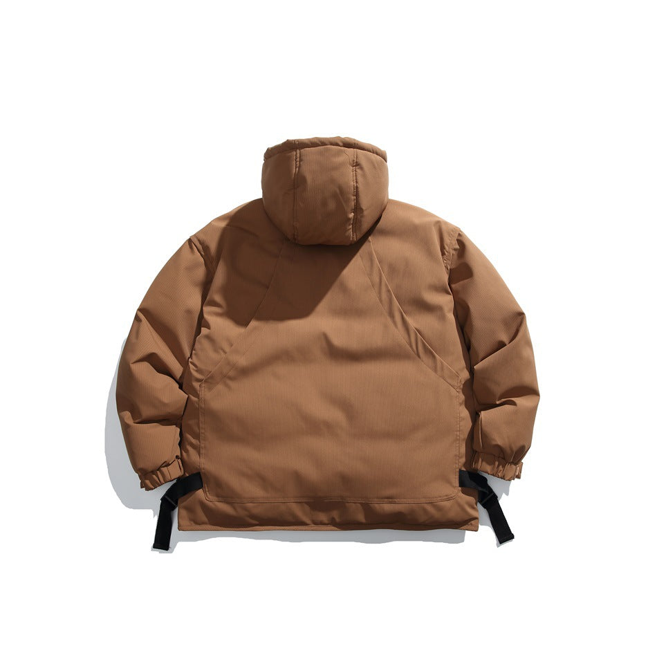 Back view of a brown hooded jacket laid flat, with elastic cuffs and adjustable black hem straps.