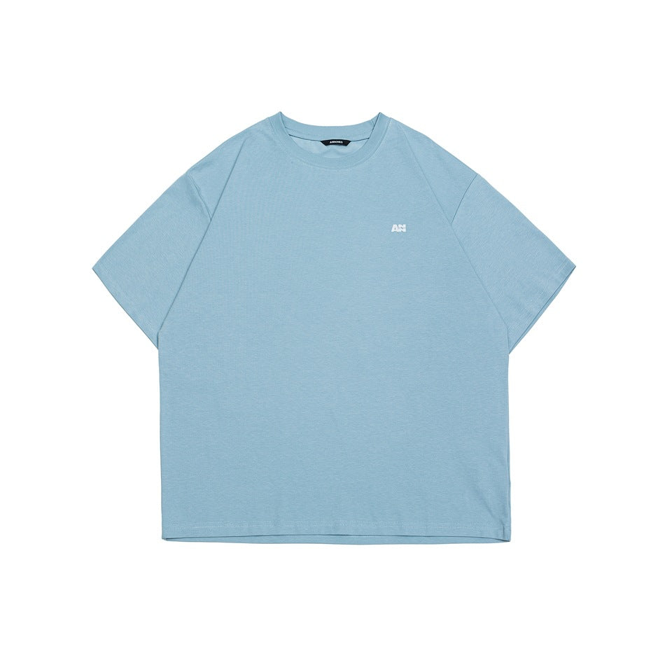 Front view of a light blue short-sleeve crew-neck T-shirt with a small white chest emblem.