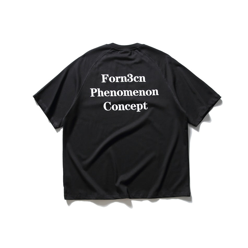Back of black raglan-sleeve T-shirt with white serif text print