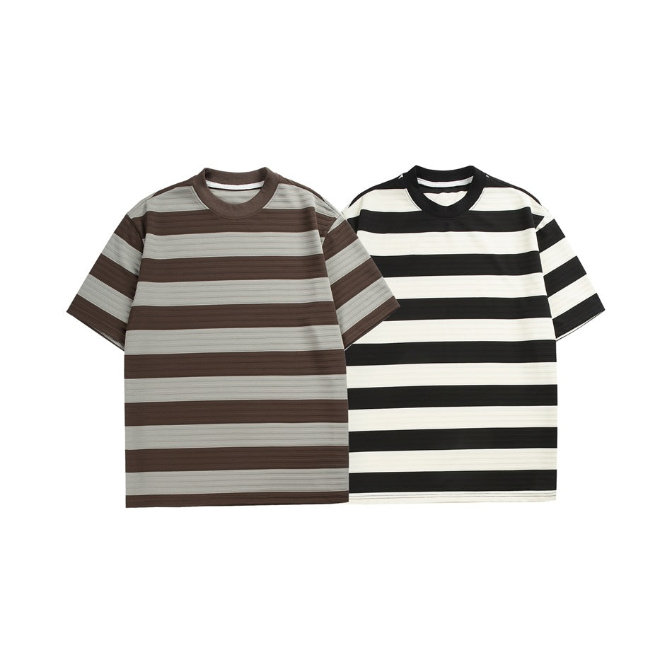 Two short-sleeve striped crew-neck T-shirts shown flat: one brown and gray, the other black and off-white.