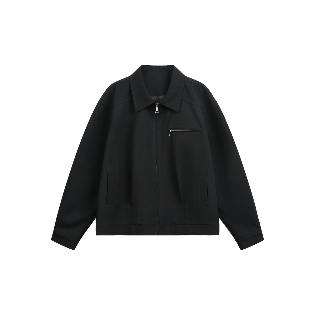 Black zip-front collared jacket flat lay with chest zip pocket, slanted pockets and banded hem