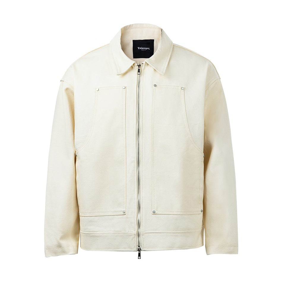 Cream collared zip-front jacket with two large riveted front panel pockets, flat front view