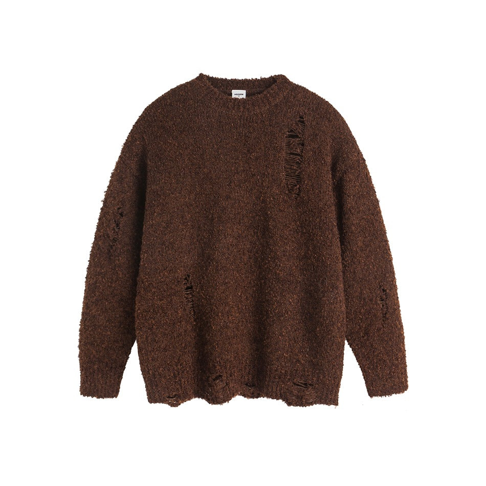 Brown fuzzy knit crew-neck sweater flat lay, front view, with distressed holes on chest, sleeves and hem