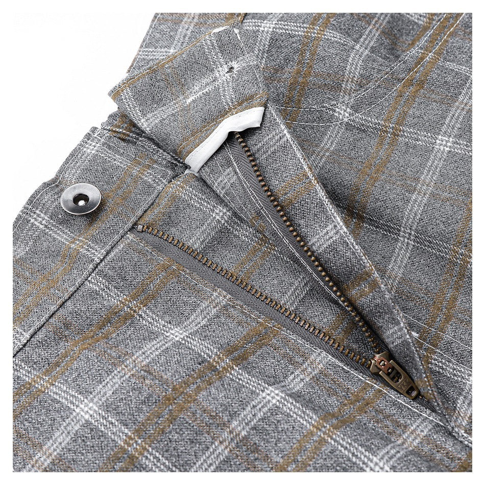 Close-up of gray plaid trousers showing the button, zipper fly, stitching, and white and brown check lines.