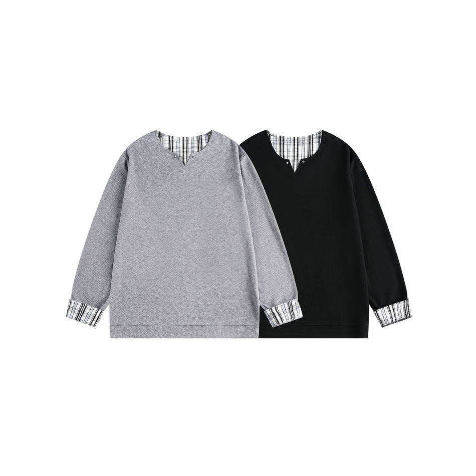 Gray and black long-sleeve pullovers shown together, each with a V-notch neckline and plaid trim at the neck and cuffs.