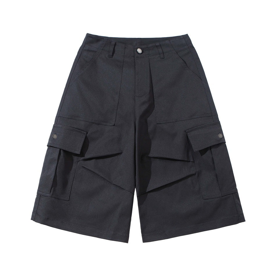 Black-gray knee-length cargo shorts, flat lay front view with front patch pockets and button-flap side cargo pockets