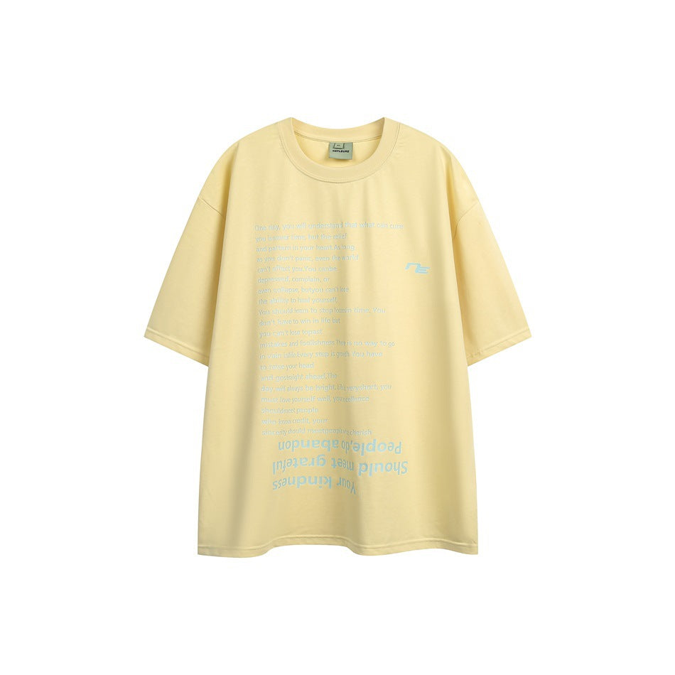 Light yellow short-sleeve T-shirt with pale blue English text print and small chest logo