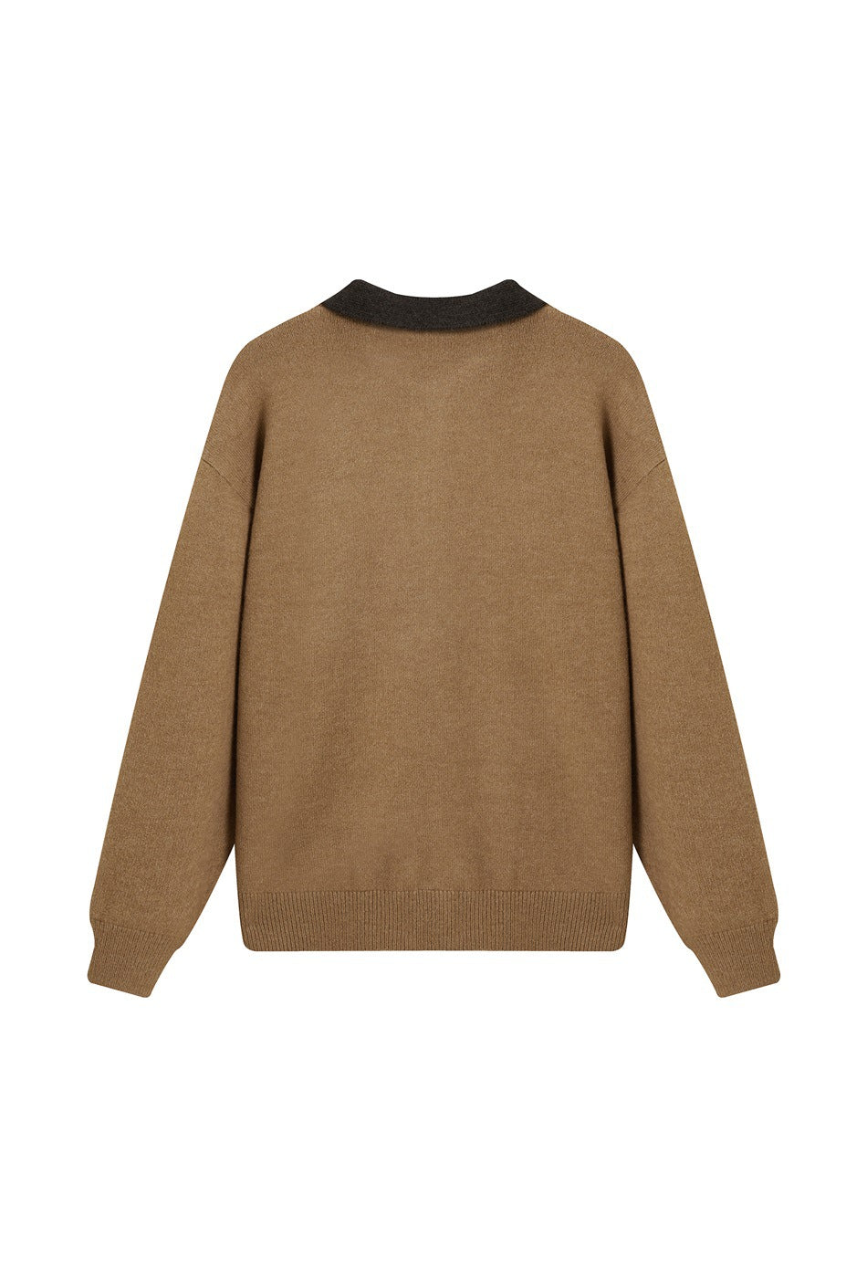 Back view of a tan knit cardigan with a dark brown collar, ribbed cuffs, and ribbed hem.