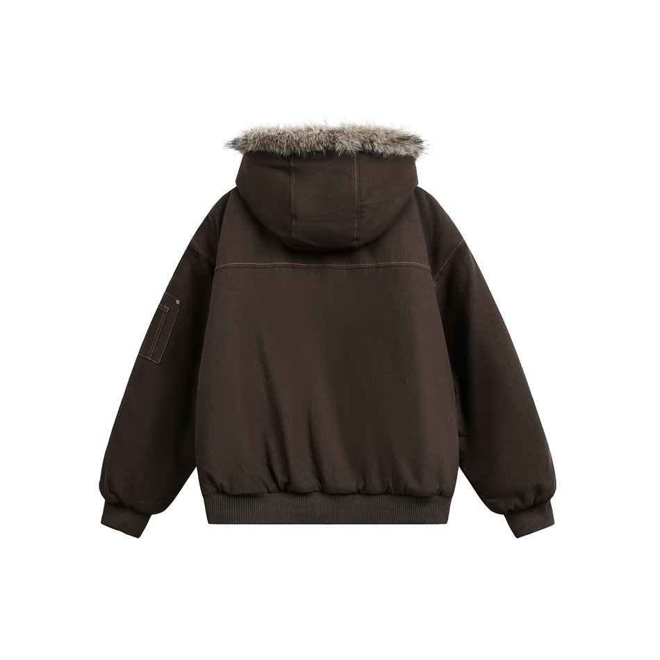 Back view of a dark brown hooded jacket with brown fur trim and ribbed cuffs and hem.