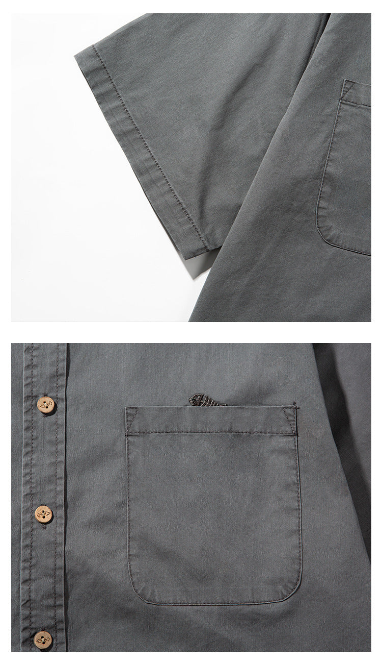 Close-up views of the charcoal gray shirt's sleeve hem, chest pocket, and small embroidered pocket detail.