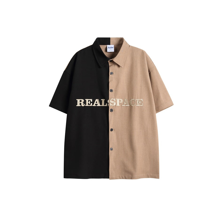 Black and khaki split color-block short-sleeve button shirt with cream embroidered lettering across the chest, flat front