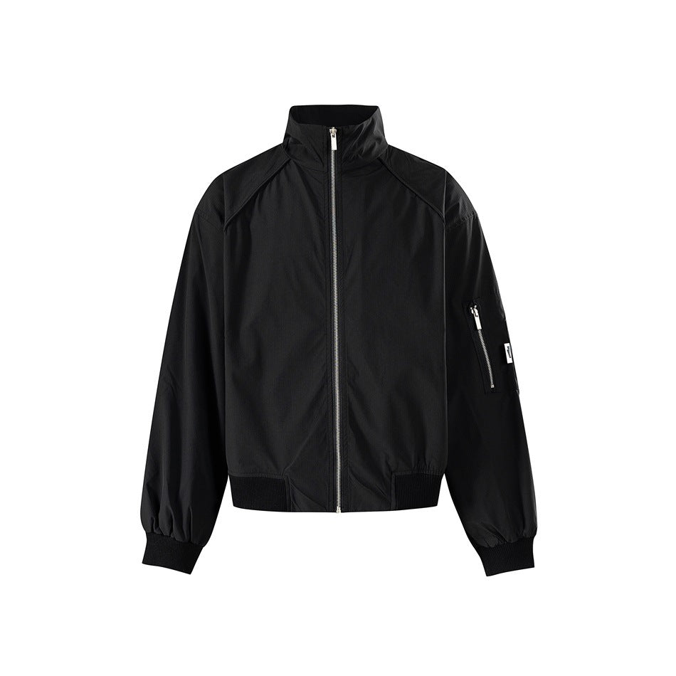 Black stand-collar full-zip jacket with ribbed cuffs and hem and a zippered sleeve pocket, front view