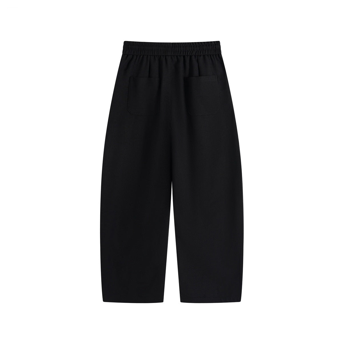 Black wide-leg cropped pants shown from the back, with an elastic waistband and two patch pockets.