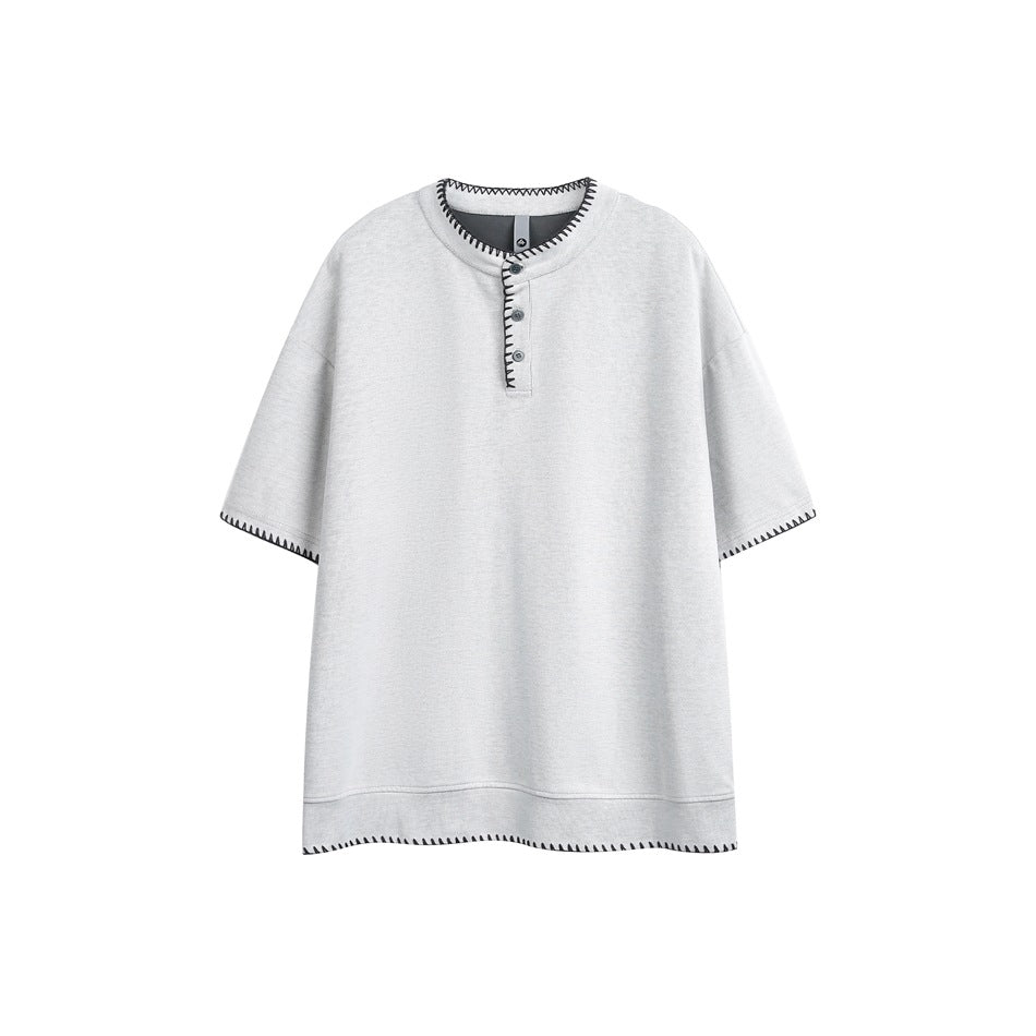 Light heather gray short-sleeve Henley top with dark whipstitch trim at neck, placket, sleeves and hem
