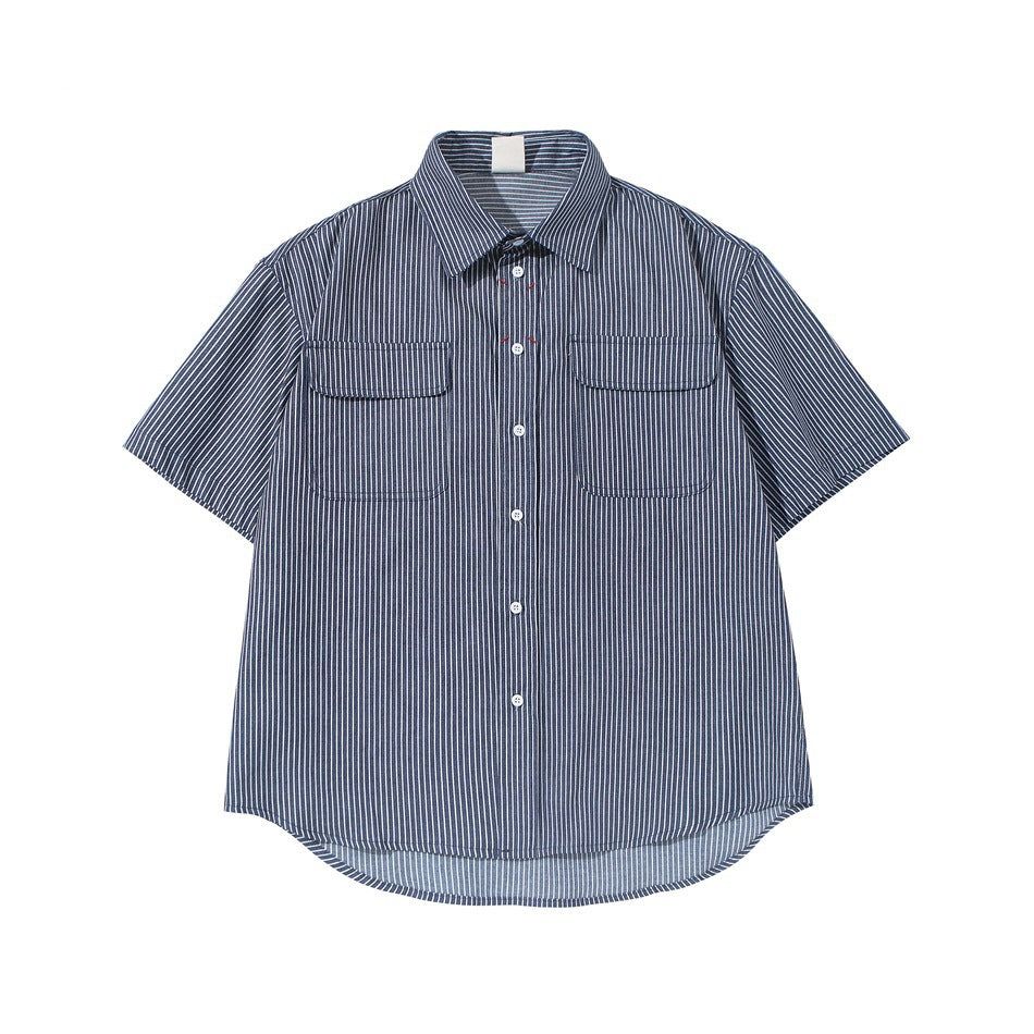 Navy short-sleeve striped button-up shirt with two flap chest pockets and white stripes, laid flat, front view