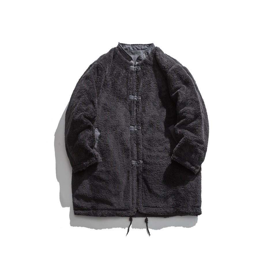 Front view of a charcoal-black textured long coat with a stand collar, toggle closures, side pockets and hem drawcords.