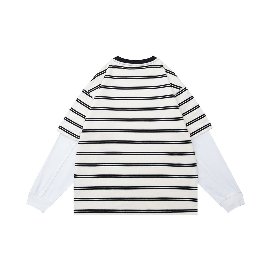 Back view of a white layered long-sleeve shirt with thin dark horizontal stripes and a dark crew neck.