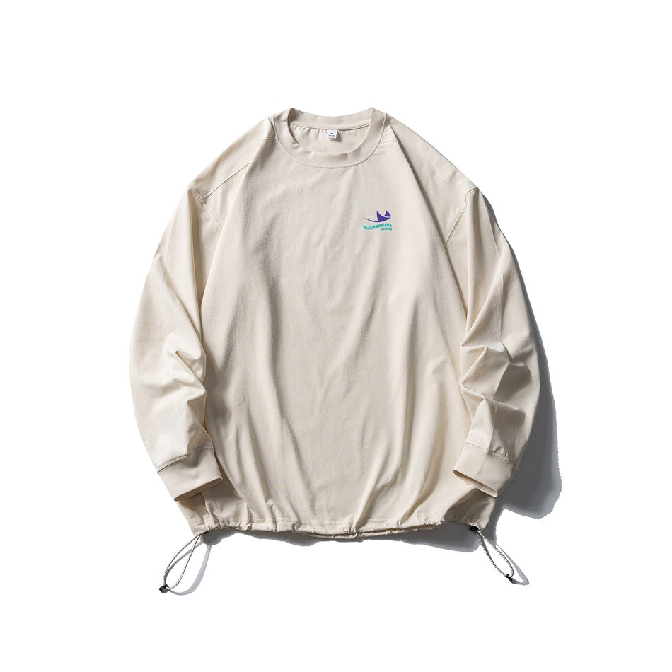 Sand long-sleeve crew-neck top flat lay with drawstring hem and small chest print
