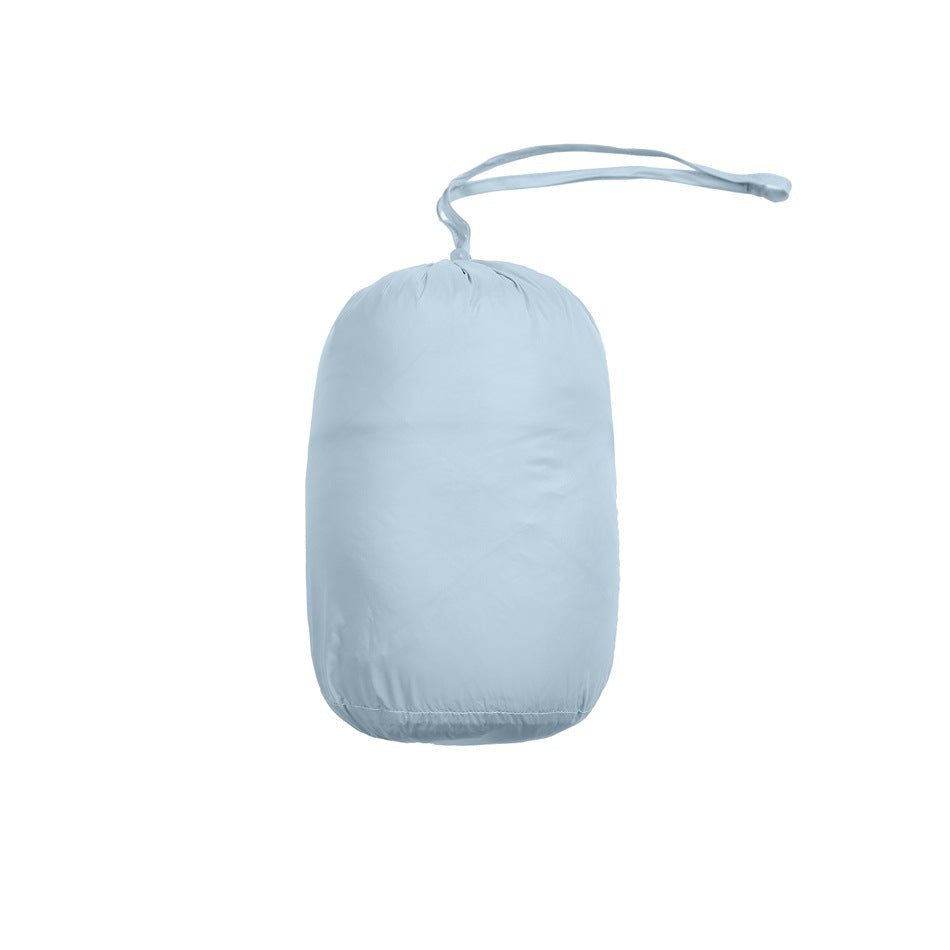 Pale blue-gray drawstring pouch with a long looped cord, shown against a plain white background.