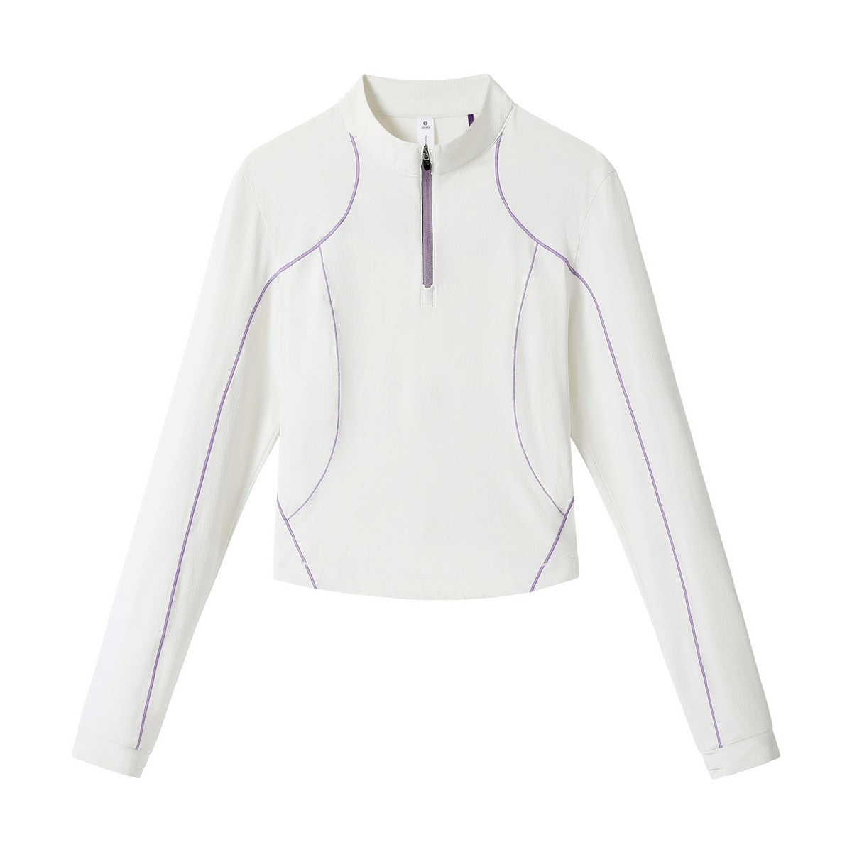 Off-white cropped half-zip long-sleeve top with purple contrast piping and gray-purple zipper, flat lay