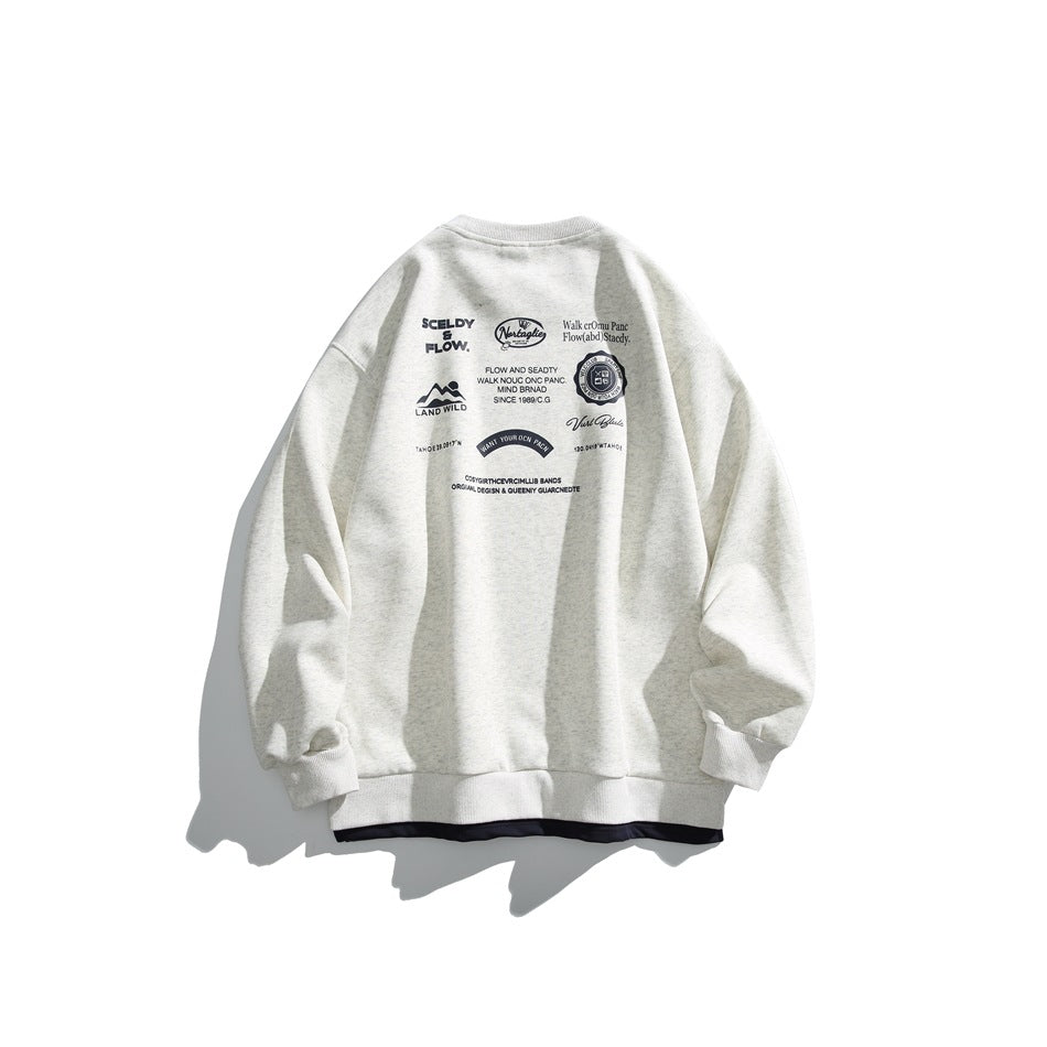 Back view of an off-white heathered crewneck sweatshirt with black text and emblem graphics.