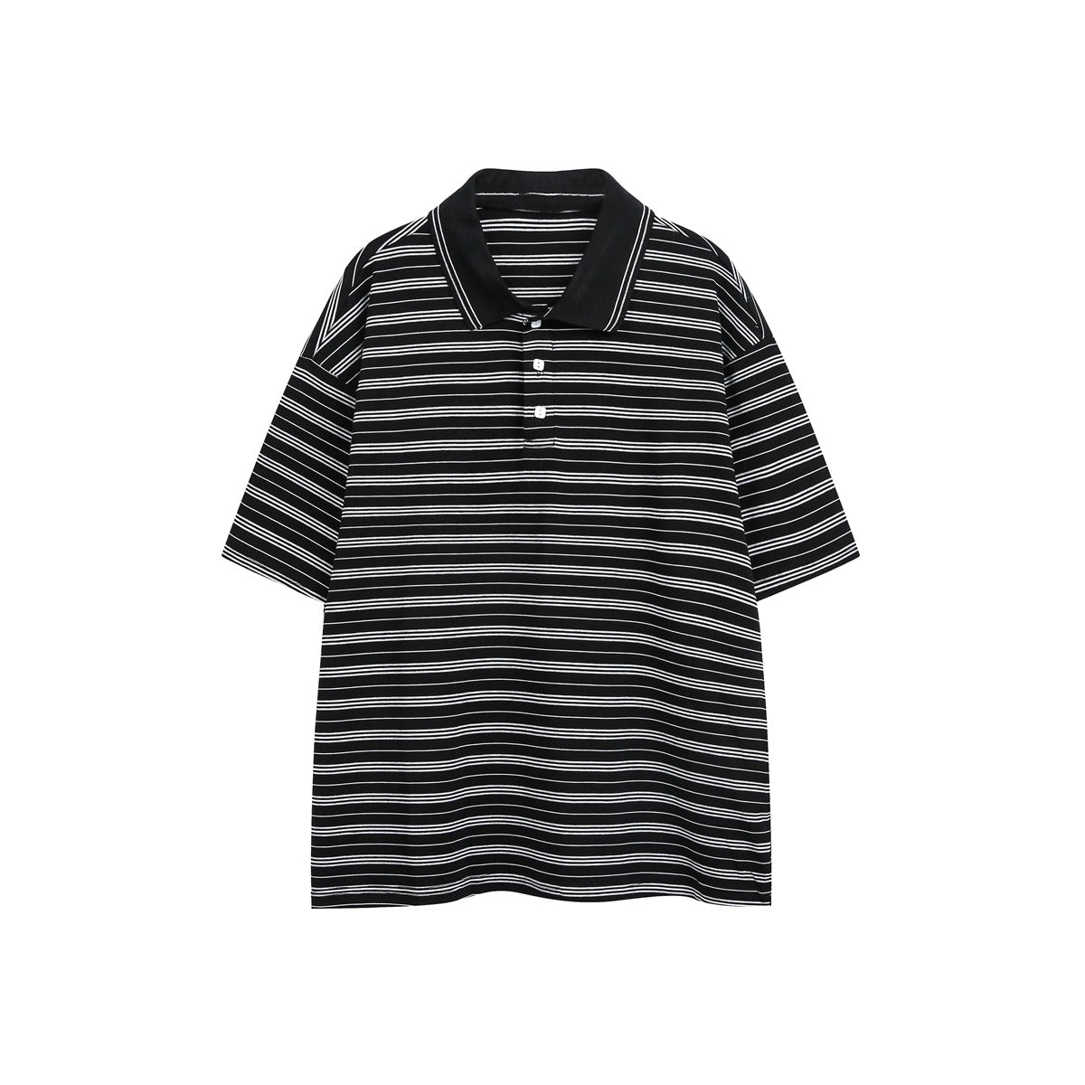 Black short-sleeve polo top with white horizontal stripes, black collar and three buttons, flat lay front