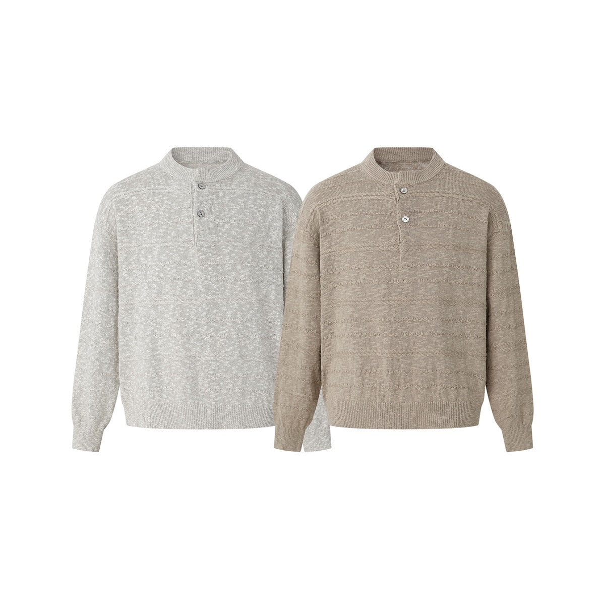 Two long-sleeve knit cardigans shown from the front in light gray and taupe, each with a short button placket.