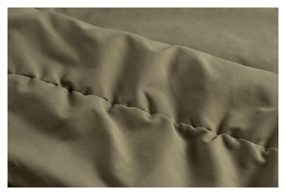 Close-up of the olive jacket's shell and horizontal quilted stitching.