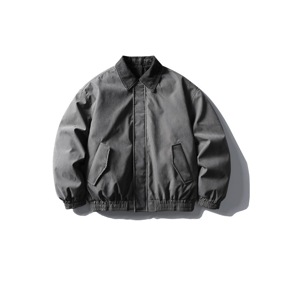 Gray padded jacket flat lay, front view, with washed denim-look collar, flap pockets and elastic hem