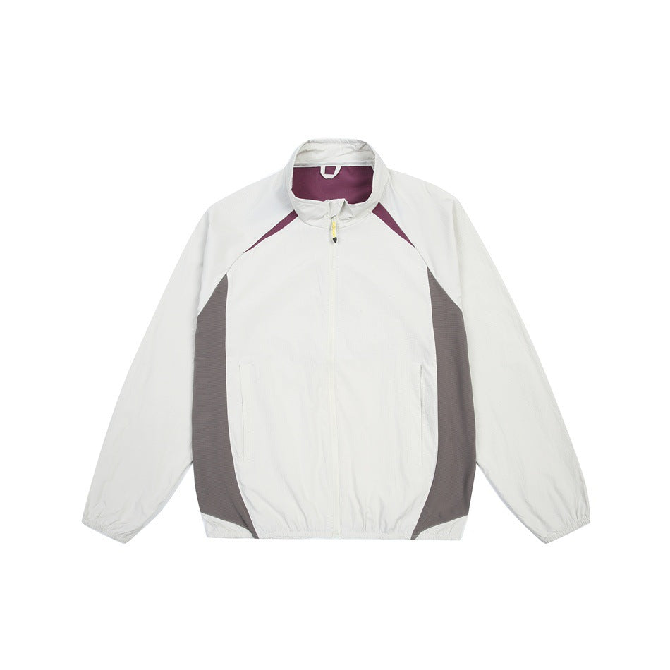 White zip-up stand-collar jacket with plum shoulder trim and gray side panels, flat front view