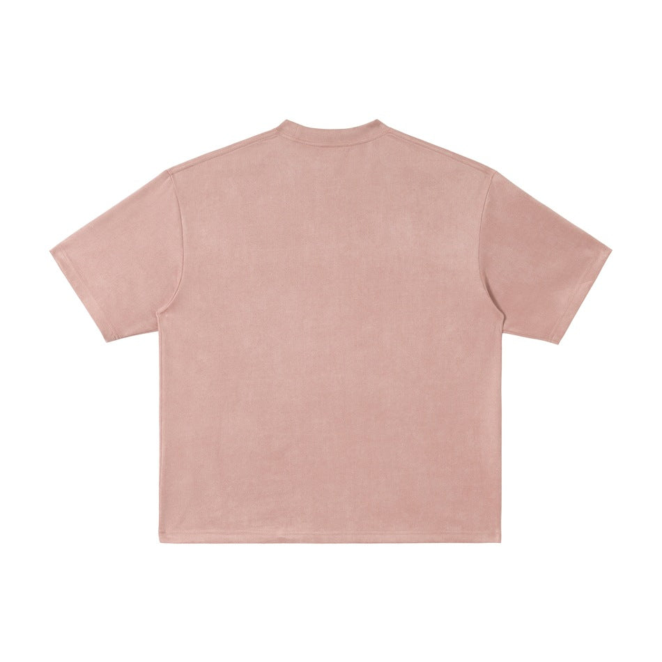 Back view of a plain pink short-sleeve crew-neck T-shirt with a suede-like matte surface
