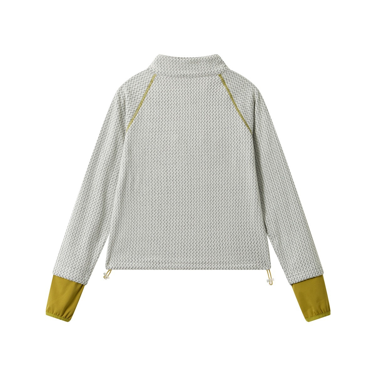 Back view of light gray textured pullover with raglan seams, olive-yellow cuffs and drawcord hem