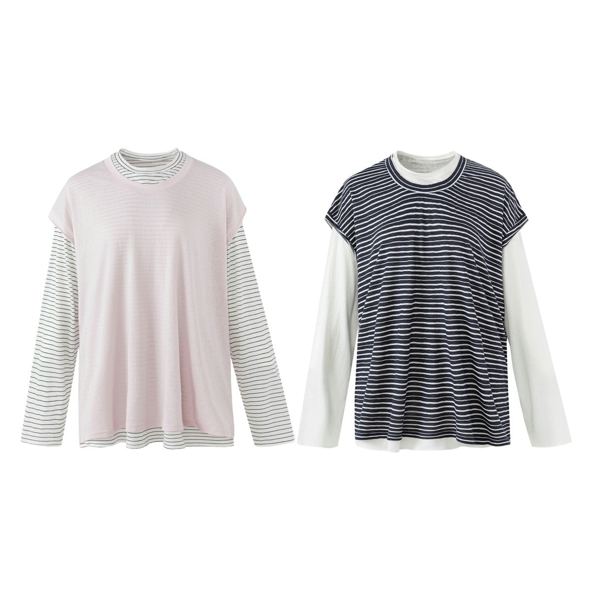 Two layered long-sleeve tops: pale pink with striped sleeves and neckline, and black with white stripes and white sleeves.