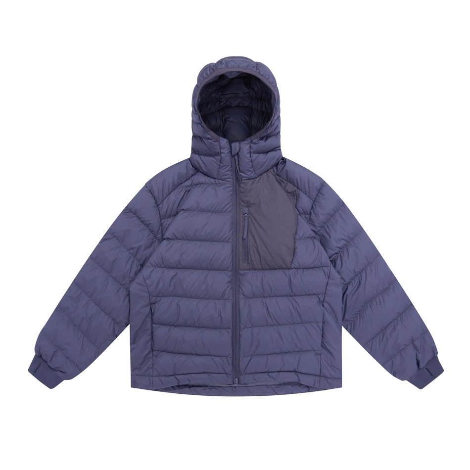 Purple hooded quilted jacket flat lay with darker chest panel and zip pocket, front view