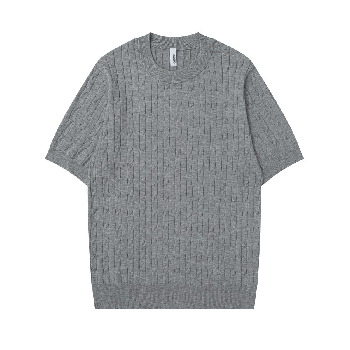 Gray cable-knit short-sleeve crew-neck top, flat front view