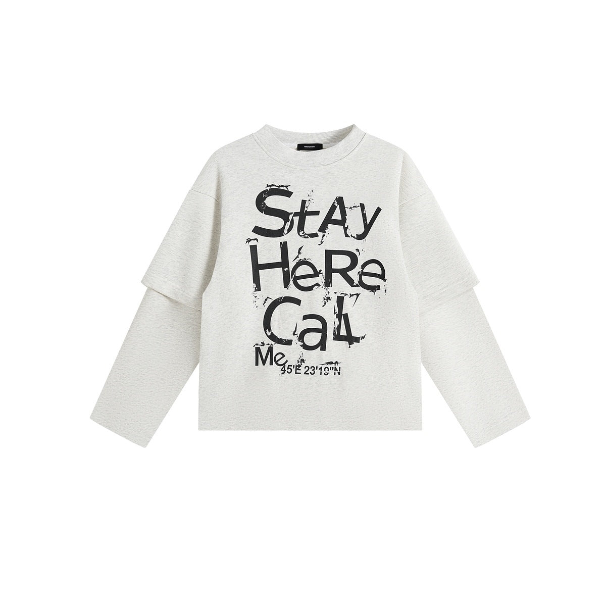 Beige heather crew-neck layered-sleeve sweatshirt with a distressed black Stay Here Call Me graphic, flat lay