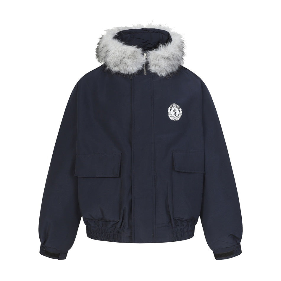 Navy hooded bomber jacket with gray faux-fur trim, flap pockets and white chest crest, front view