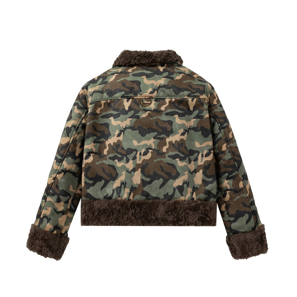 Back view of a brown, green, and tan camouflage jacket with a dark brown fur collar, cuffs, and hem.