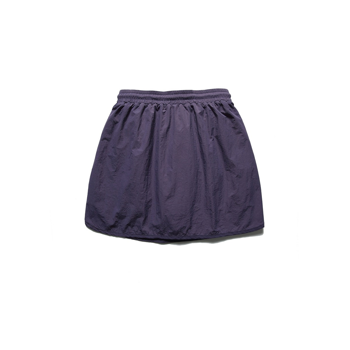 Front view of a dark purple skirt with a gathered elastic waistband and a gently flared hem.