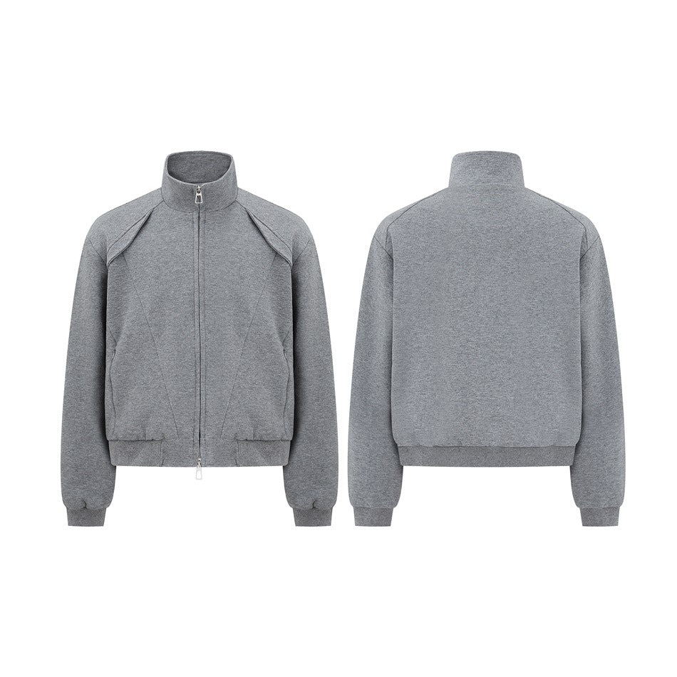 Heather gray zip-up jacket shown from the front and back, with a stand collar and ribbed cuffs and hem.