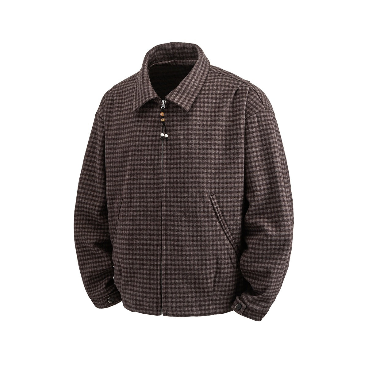 Brown small-check collared zip jacket, front view on a white background, with beaded zipper pull and slanted pockets